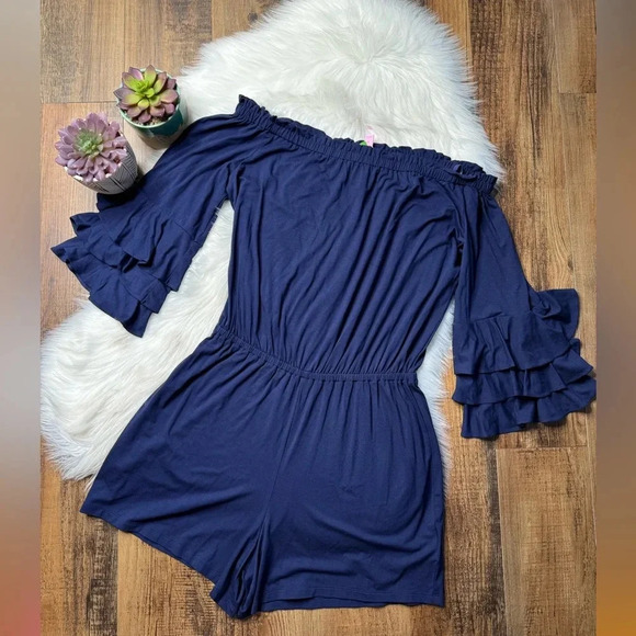 Lilly Pulitzer Calla Off the Shoulder Romper True Navy Blue - Picture 3 of 7